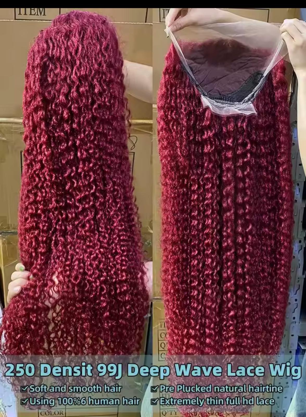 Density 99J Deep Wave Lace Front Wig Curly Transparent Lace Frontal